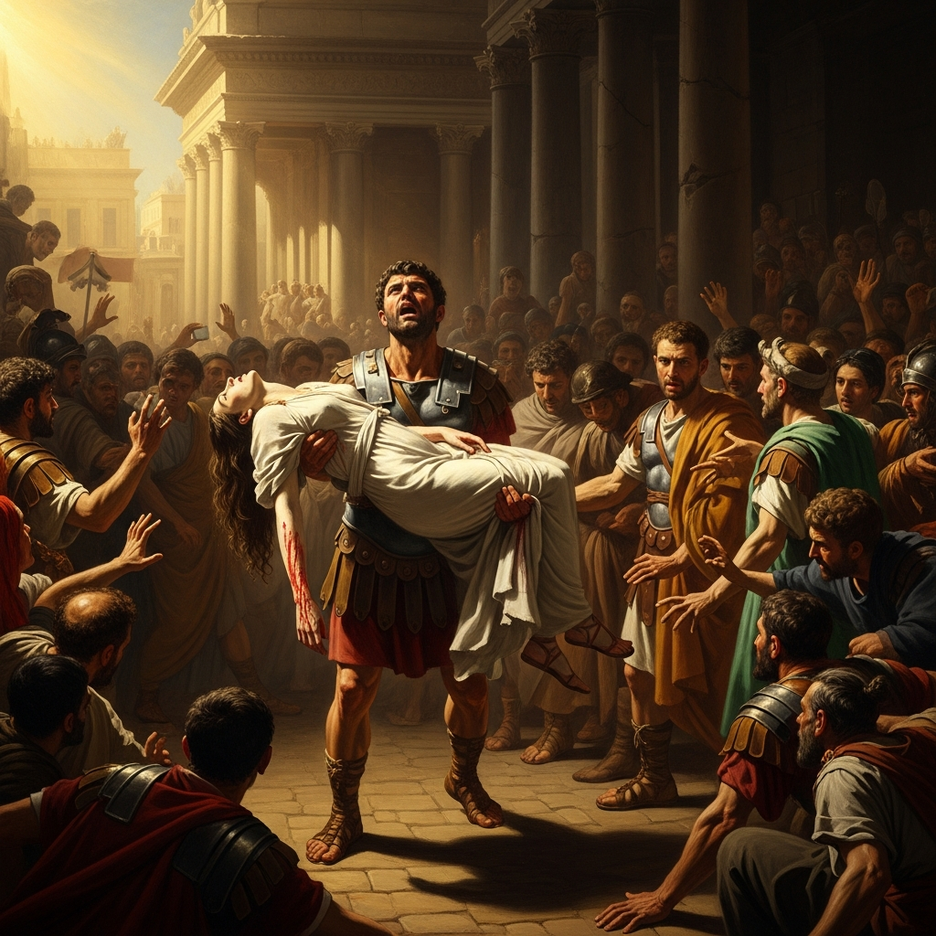 Brutus carries Lucretia's body into the Roman Forum, her blood still visible on his arms. The crowd closes in from all sides.