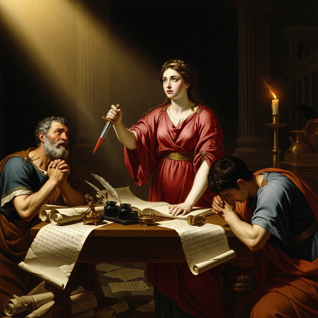 Lucretia at her writing table, the knife in her hand, her father and husband on their knees before her. She is making them swear before she uses it.