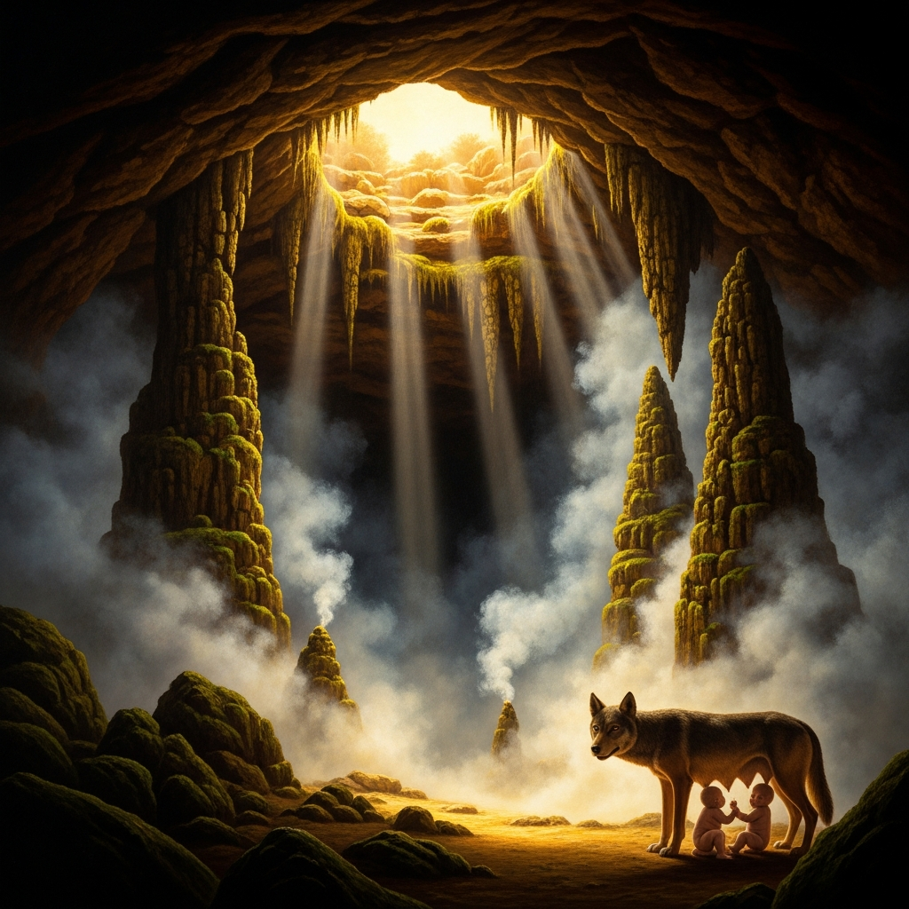 The cave of the Lupercal on the Palatine Hill at dawn — the wolf's cave, where Rome's founders were nursed — wreathed in the smoke of the morning sacrifice.