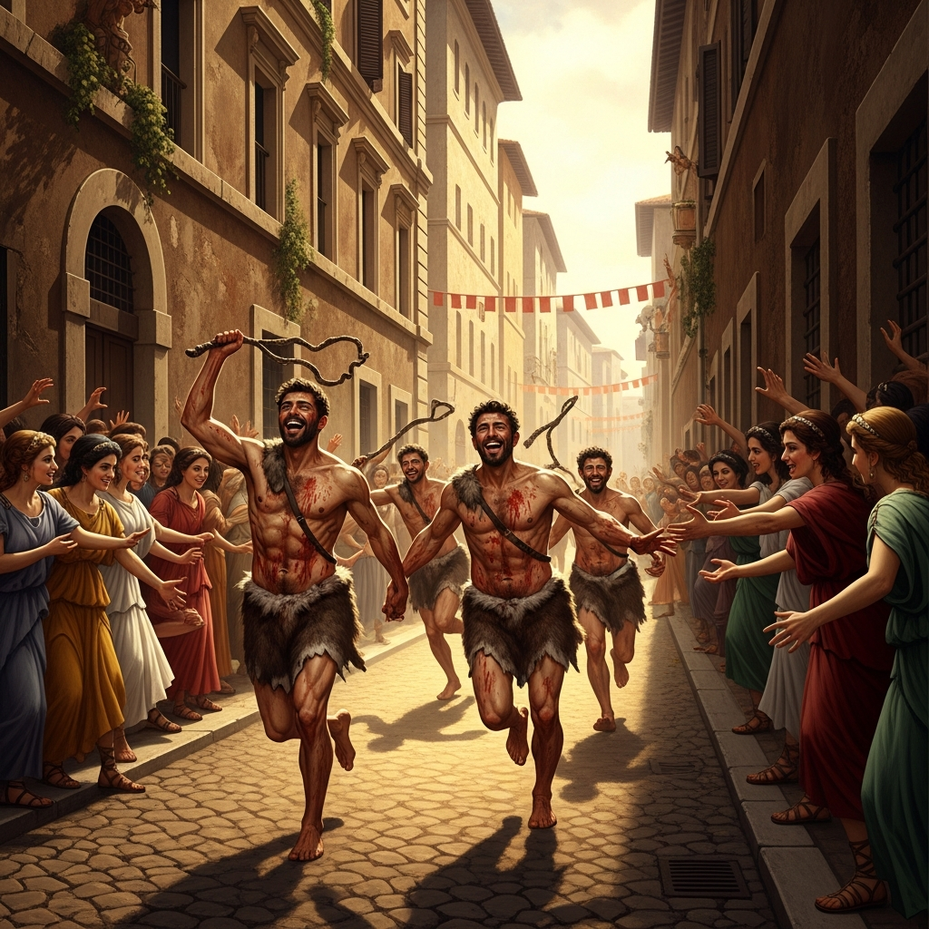 The Luperci priests, blood-smeared and laughing, run through the streets of Rome with the thongs of goat-hide. Women crowd the route, reaching their hands out to be struck.