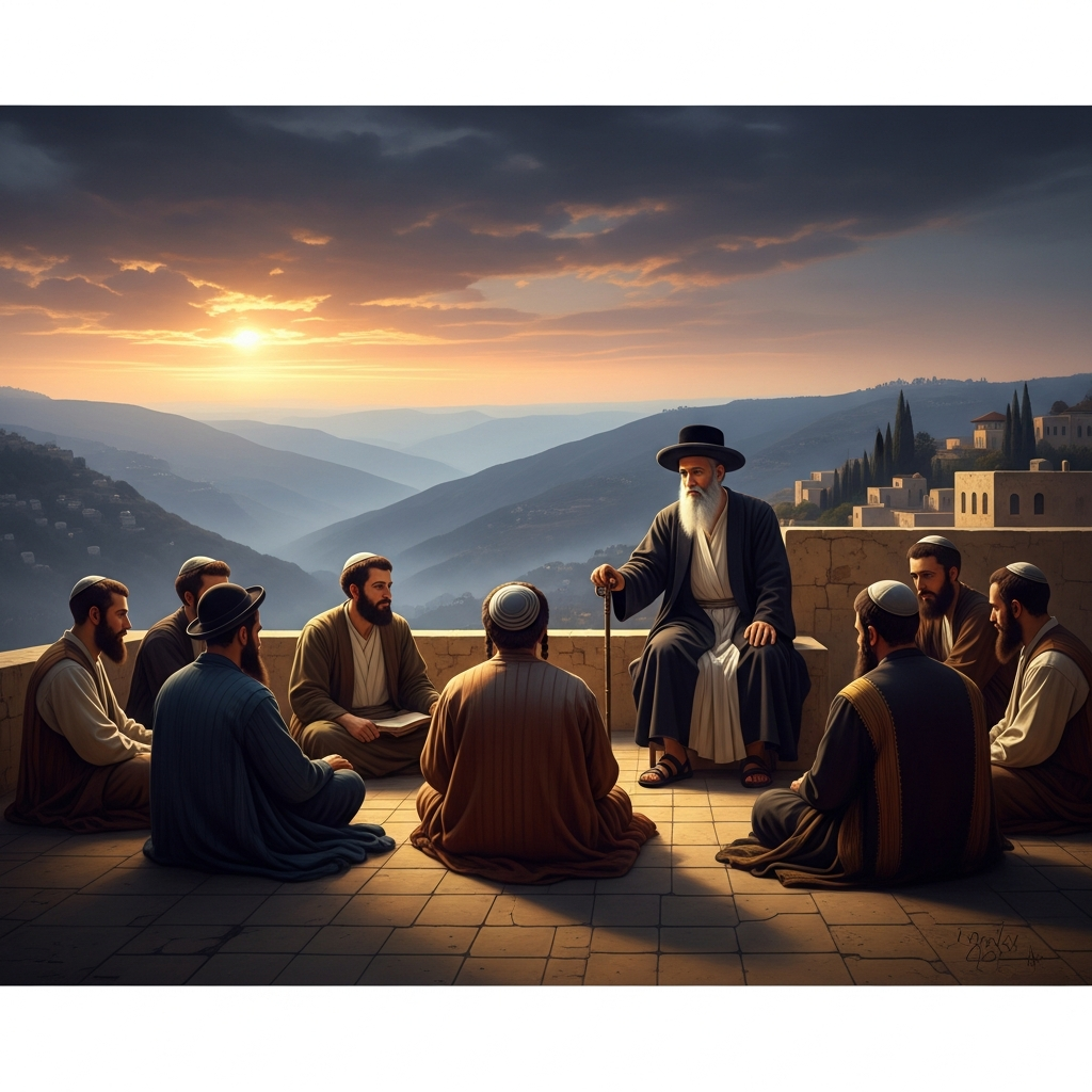 Isaac Luria on a rooftop in Safed at dusk, the Galilean hills behind him fading into haze, his disciples seated in a half-circle. He is not writing anything down. He believes that what can be written can be misunderstood, and what can be misunderstood will be.