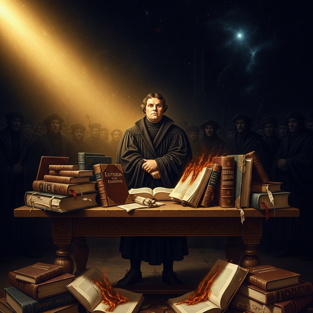 The table of condemned books at Worms — Luther's three sets of writings arranged in a deliberate taxonomy: the pious works even his enemies praised, the polemics against the papacy, the attacks on specific individuals. Johann Eck points to the pile and asks the question the church has prepared for months.