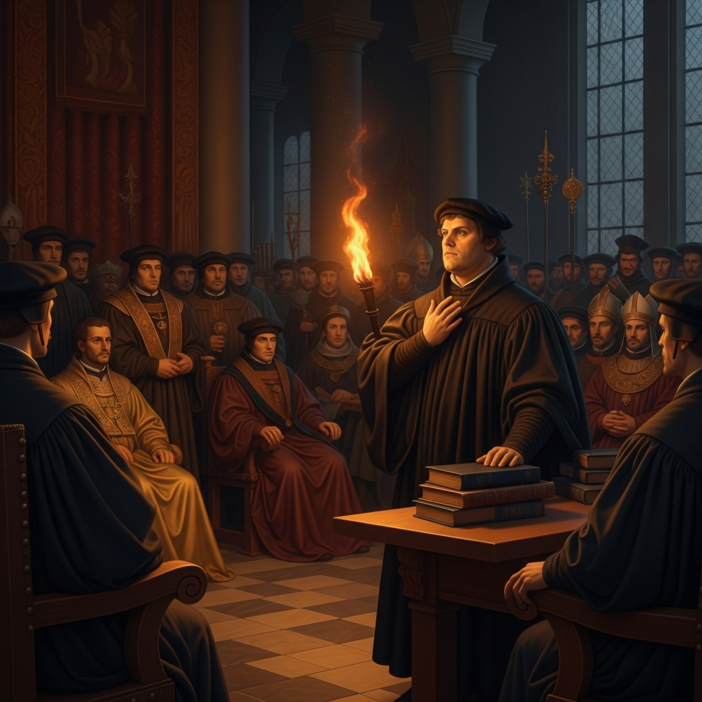 Luther stands before Emperor Charles V in the great hall at Worms, torchlight on his face, one hand pressed to his chest, the stack of his books on the table before him. The hall is packed with princes and bishops who have traveled from across the empire. He is the only person in the room who is not seated.