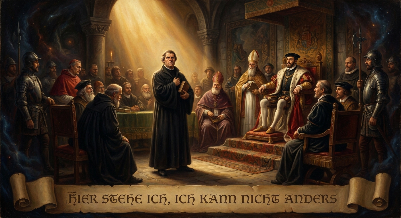 Before the Diet of Worms, 1521, Luther refuses to recant: 'Here I stand. I can do no other. God help me.' The Holy Roman Emperor issues the Edict of Worms; Luther is declared an outlaw.