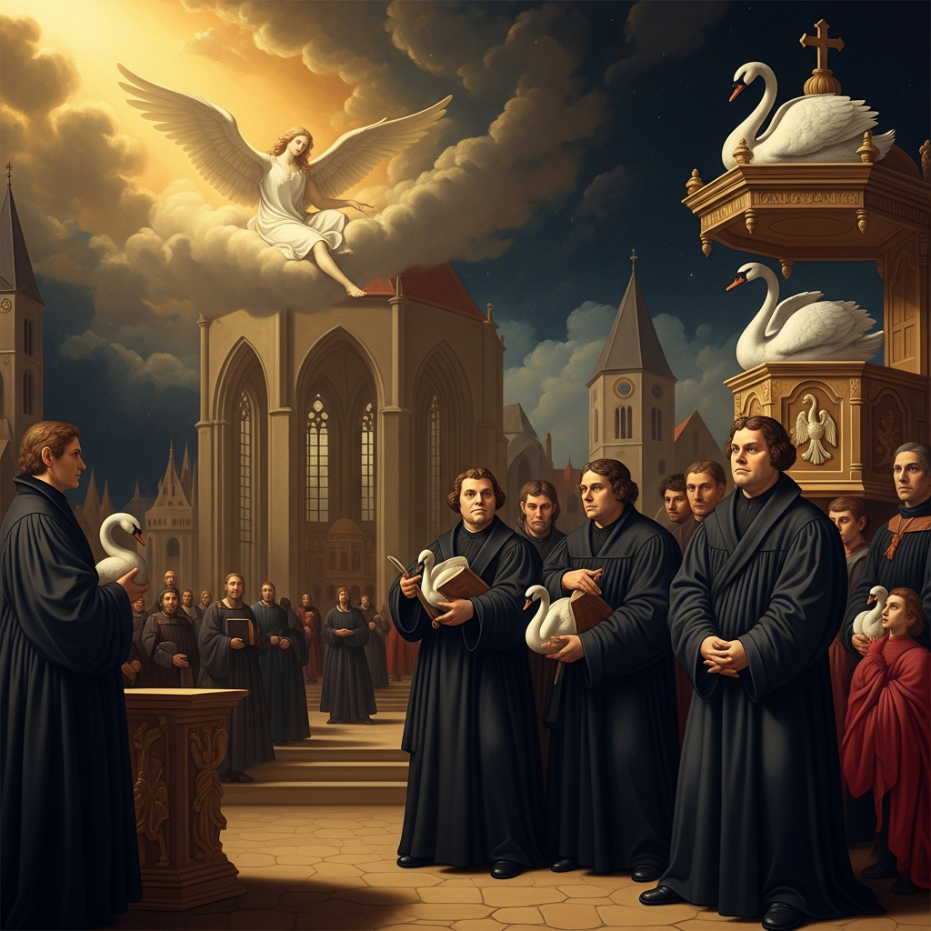 A century later, Lutheran churches across Saxony carve swans into their pulpits. Luther adopts the bird as his emblem and calls himself 'a Hussite without knowing it.' The prophecy of the goose and the swan has become the signature myth of the Reformation.