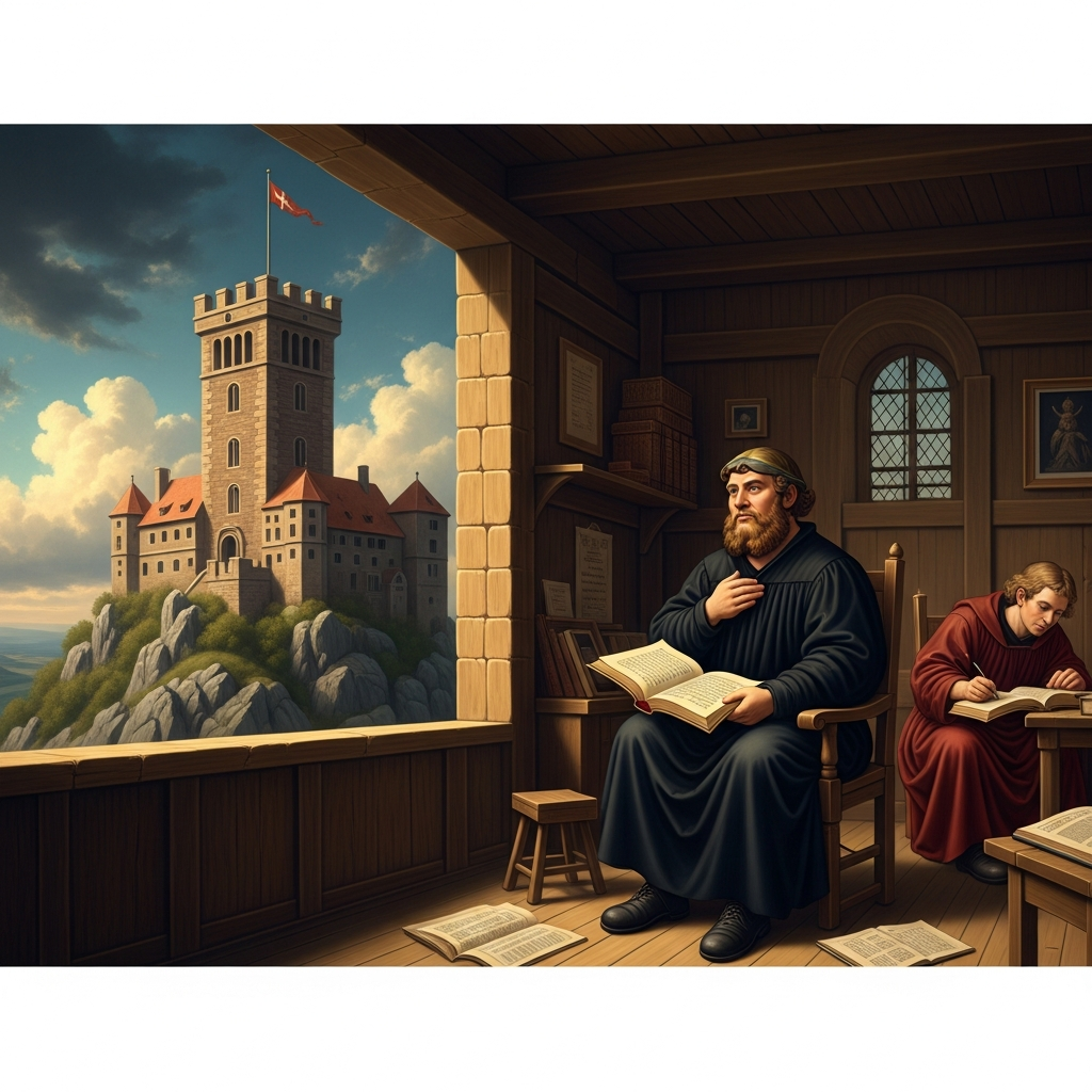 The Wartburg Castle on its ridge above Eisenach — the tower room where Luther sits disguised as Junker Georg, growing a beard, translating the New Testament into German, and describing the Devil as something he can throw his inkwell at.