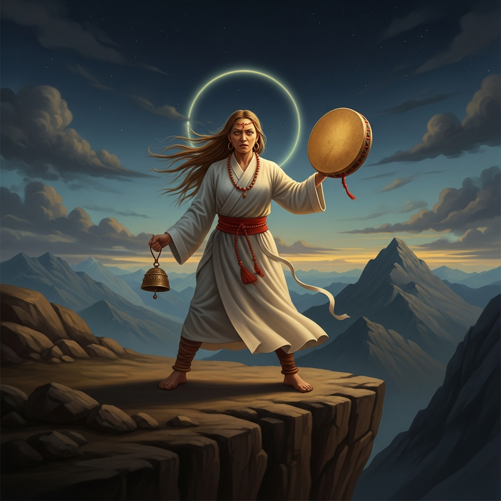 Machig Labdrön stands at the edge of a high cliff in the mountains at midnight, dressed in white, a damaru hand-drum in her right hand and a ghanta bell in her left, her long unbound hair streaming in the wind. Her eyes are open and fierce. She is calling the demons to her feast.