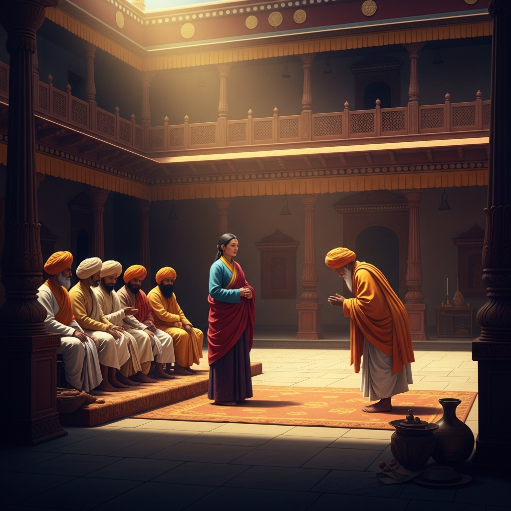 In a courtyard of an Indian monastery, Machig Labdrön stands before a panel of Indian pandits who have come to challenge her teaching. She is the only woman in the room. She has been answering their challenges for three days. The senior pandit is bowing.