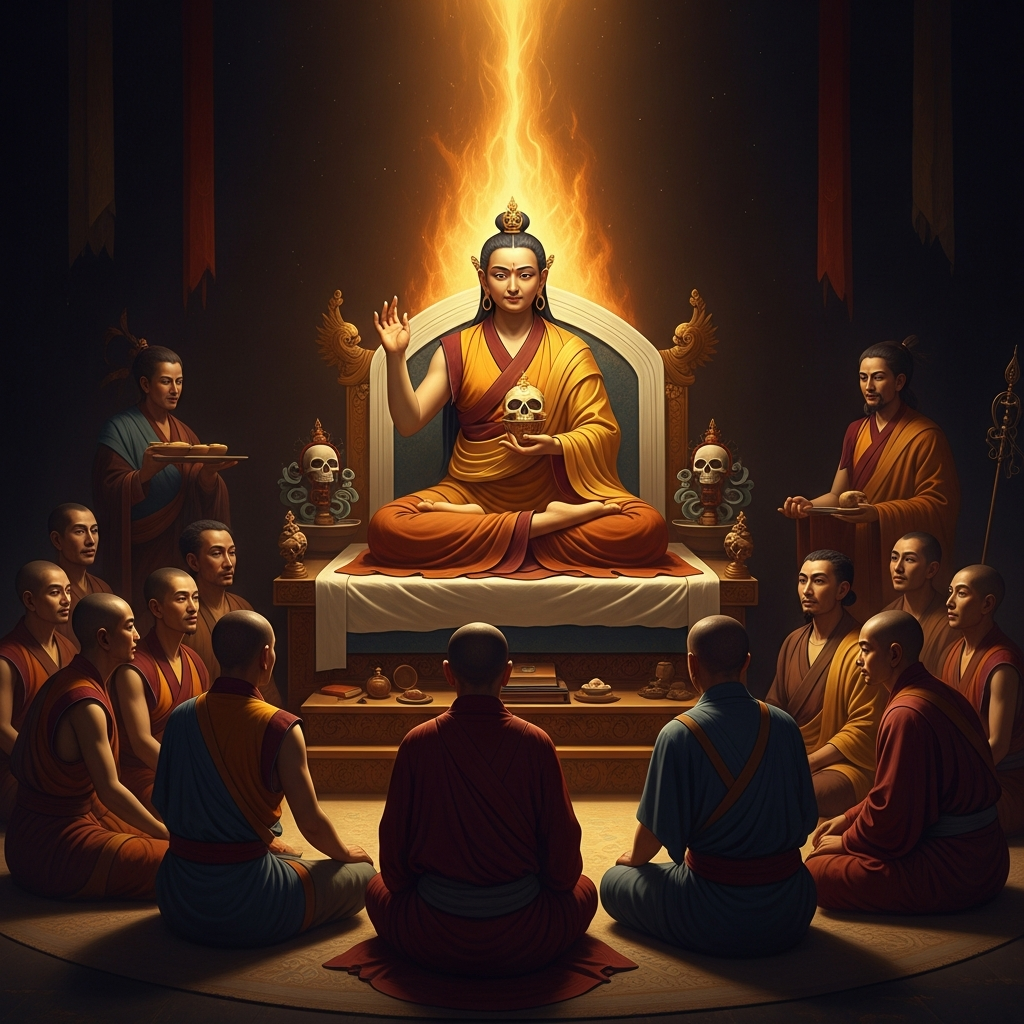 Machig Labdrön seated on a low throne before a circle of students — monks and laypeople and wandering yogis intermingled — her right hand raised in the gesture of teaching, her left holding a skull-cup. She is perhaps fifty years old and her presence fills the space around her like heat.