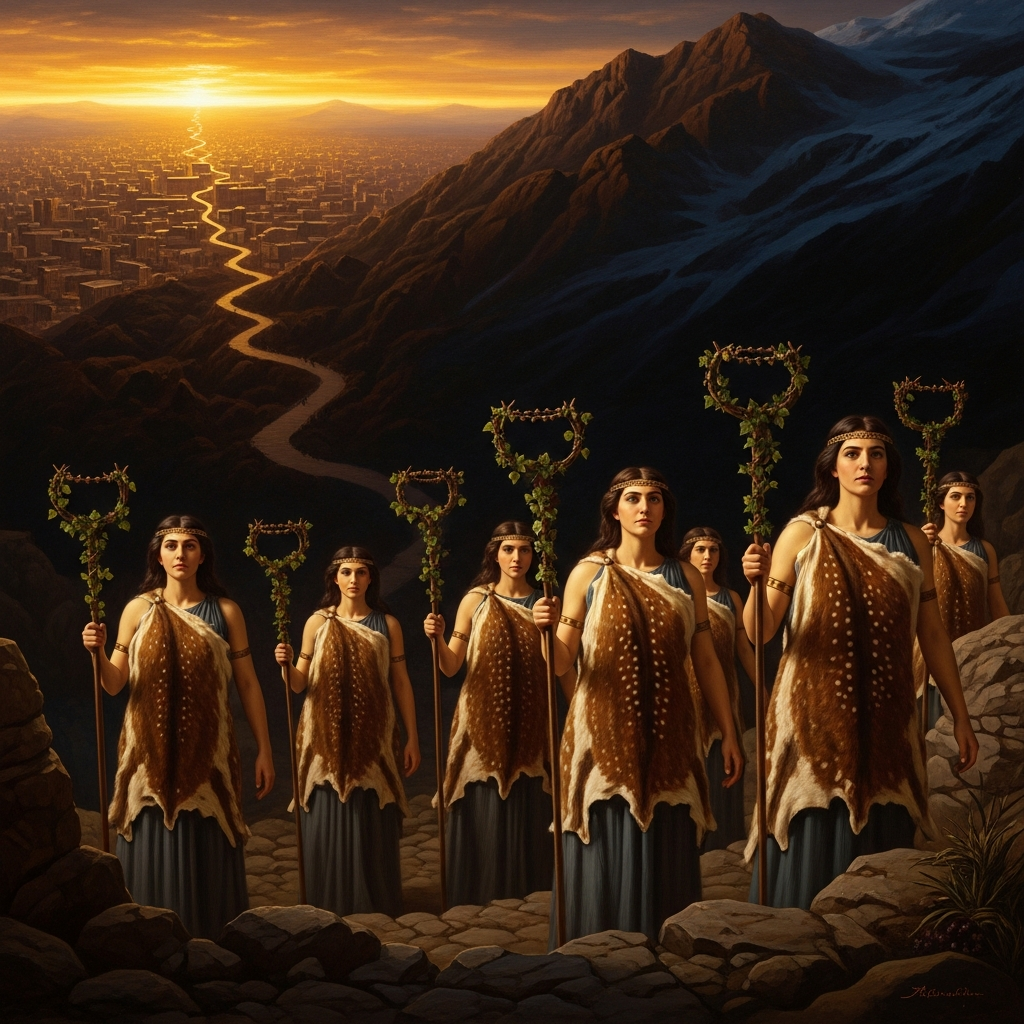 The women leave the city at dusk, fawn-skins over their shoulders, thyrsus in hand — the long climb to the mountain where the god waits in the cold and the dark.