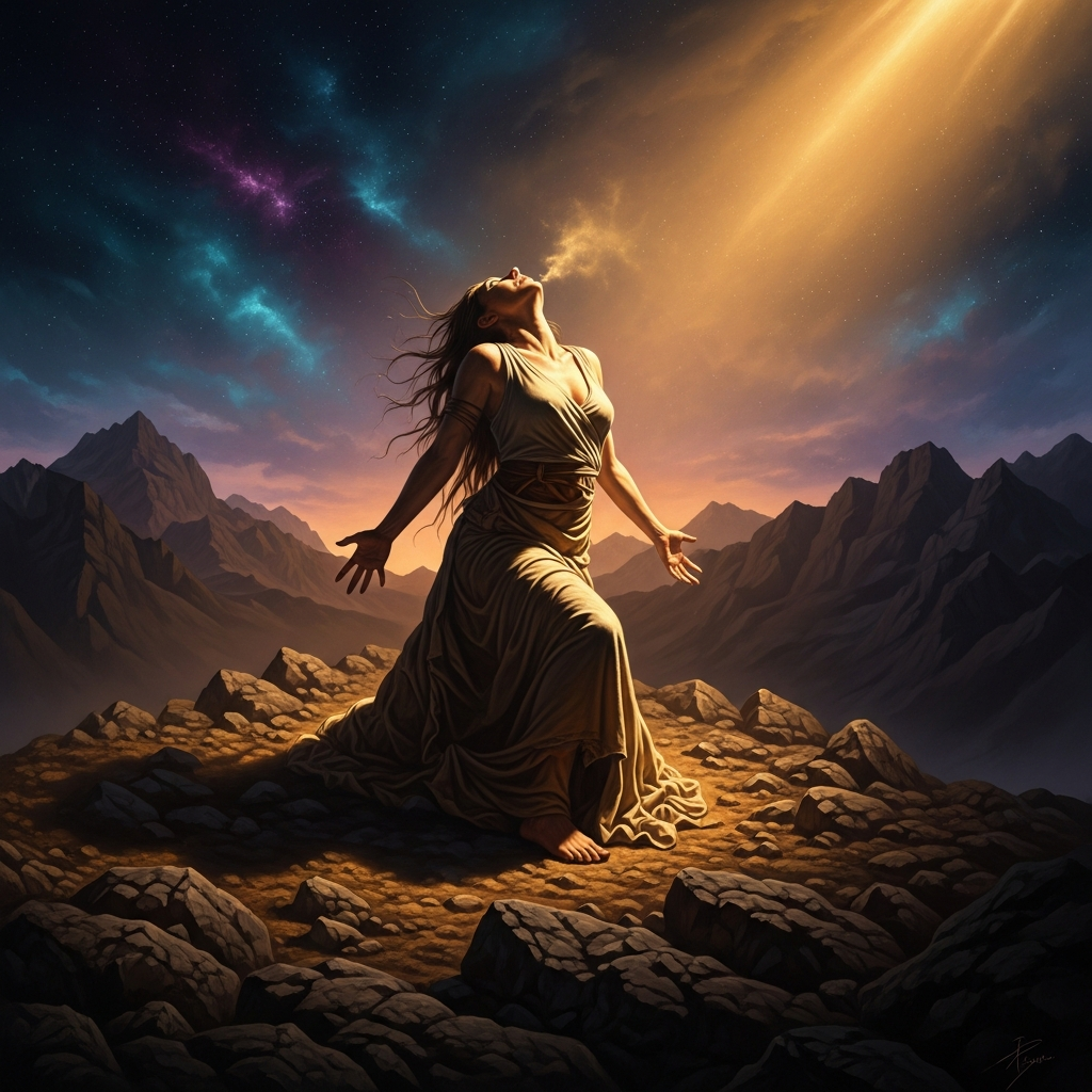 The mania: the god enters, the civic self strips away, and what remains for three days on the mountain is something older than the woman who climbed up.