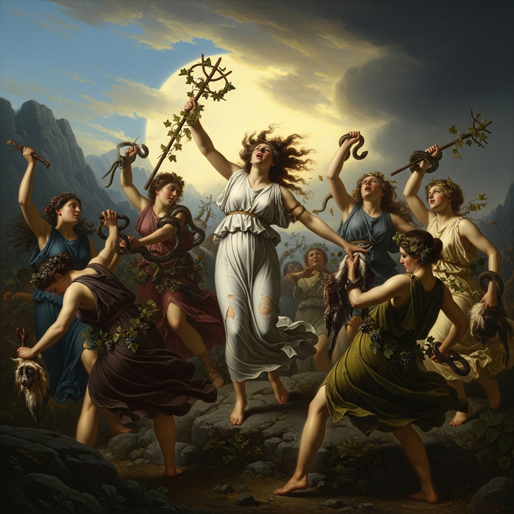 On the slopes of Mount Cithaeron, the women of Thebes dance in the wild — leaves in their hair, milk dripping from the rocks, lions sleeping at their feet.