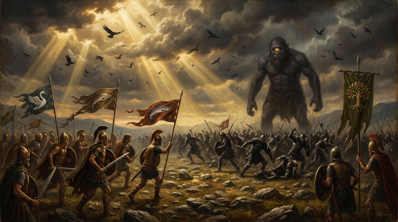 The plain of Mag Tuired. The Tuatha Dé Danann advancing under their banners; the Fomorian host already breaking when their king's eye turns inward.