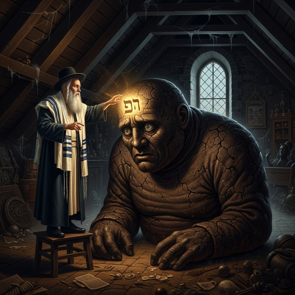 On the eve of Shabbat, in the attic of the Old-New Synagogue, the Rabbi reaches up to erase the first letter — and the giant returns to earth.