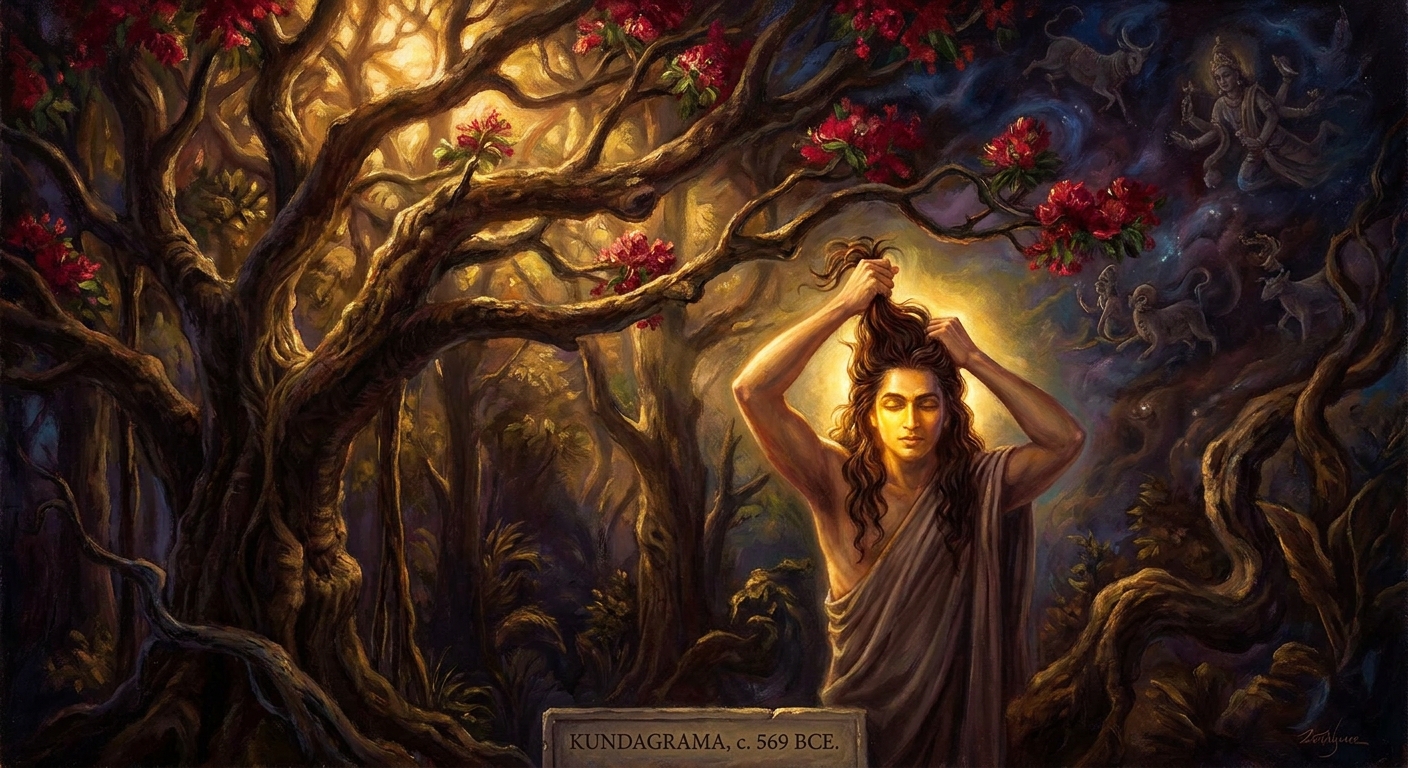 Beneath the ashoka tree, Vardhamana pulls out his own hair in five fistfuls — the gesture every Jain monk still repeats at ordination.