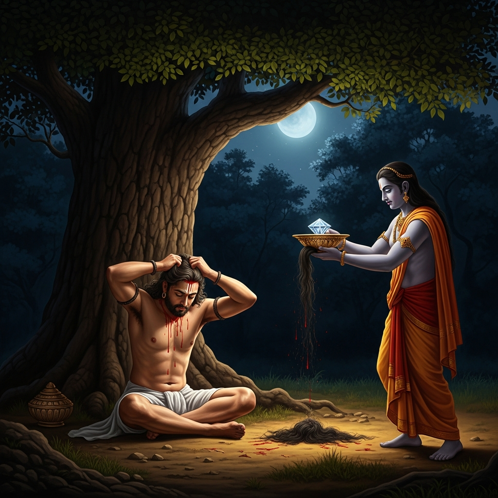 Midnight, the Jnatrikhanda grove. Vardhamana sits naked beneath an ashoka tree and tears out his own hair in five fistfuls, the scalp bleeding, the night silent. Indra catches the hair in a diamond bowl before it reaches the ground.