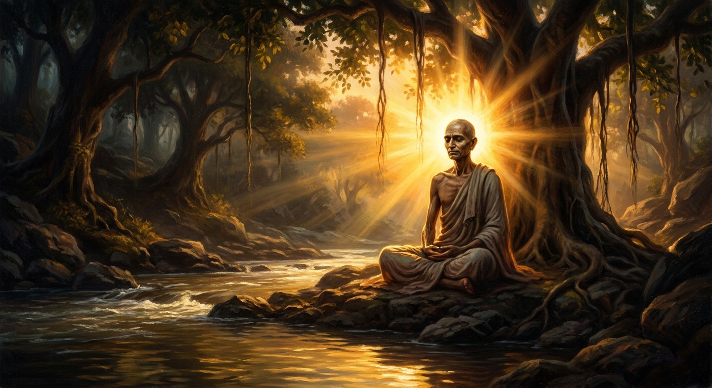 Twelve years later, on the bank of the Rijupalika, omniscience breaks over him like sunrise.