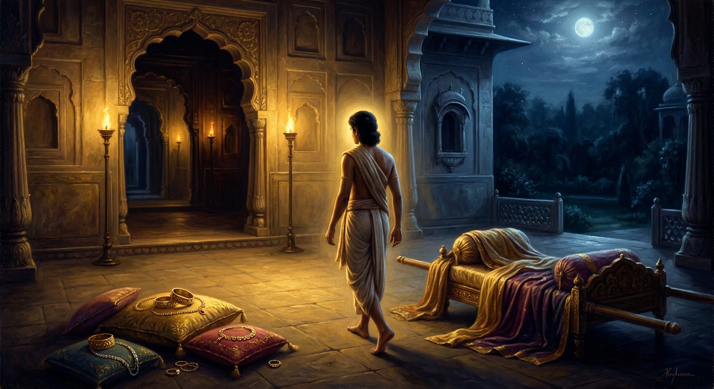 The prince walks out of Kundagrama at midnight, palanquin abandoned, jewelry left on the silk.