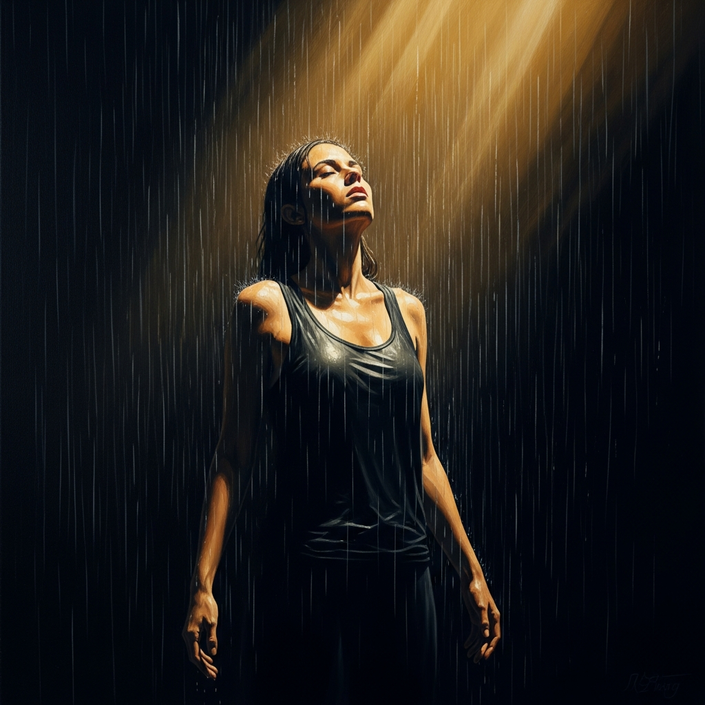 Year seven of the wandering. He stands in the monsoon rain in the posture of body-abandonment, arms hanging free, eyes open, registering the cold the way a stone registers weather — completely, without complaint.