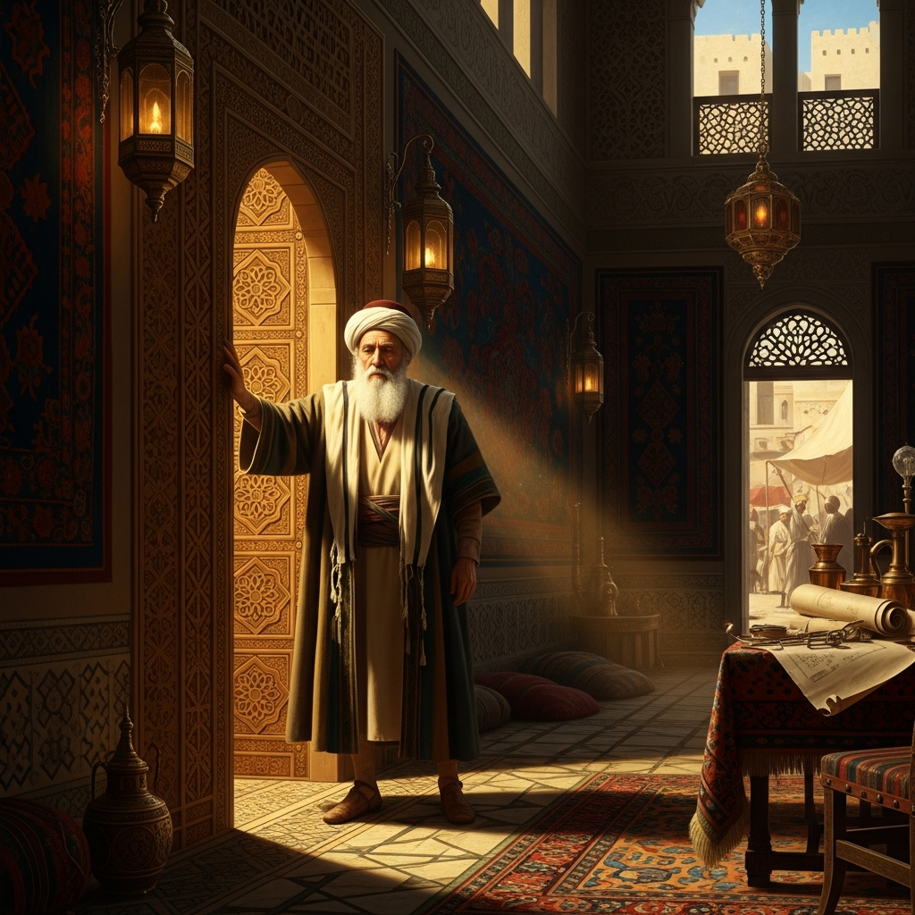 In Saladin's Cairo, Maimonides arrives at the vizier's chambers exhausted from the morning's clinic — performs the diagnoses, prescribes the regimens, and then walks home through the market to the room where the Guide waits.