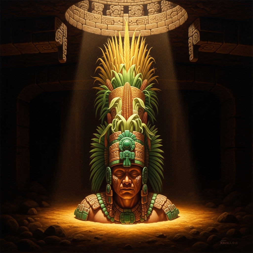 The Maize God descends into the earth below the ball court of Xibalba, his tall headdress of corn silk still intact, entering the dark that is not death but transformation.