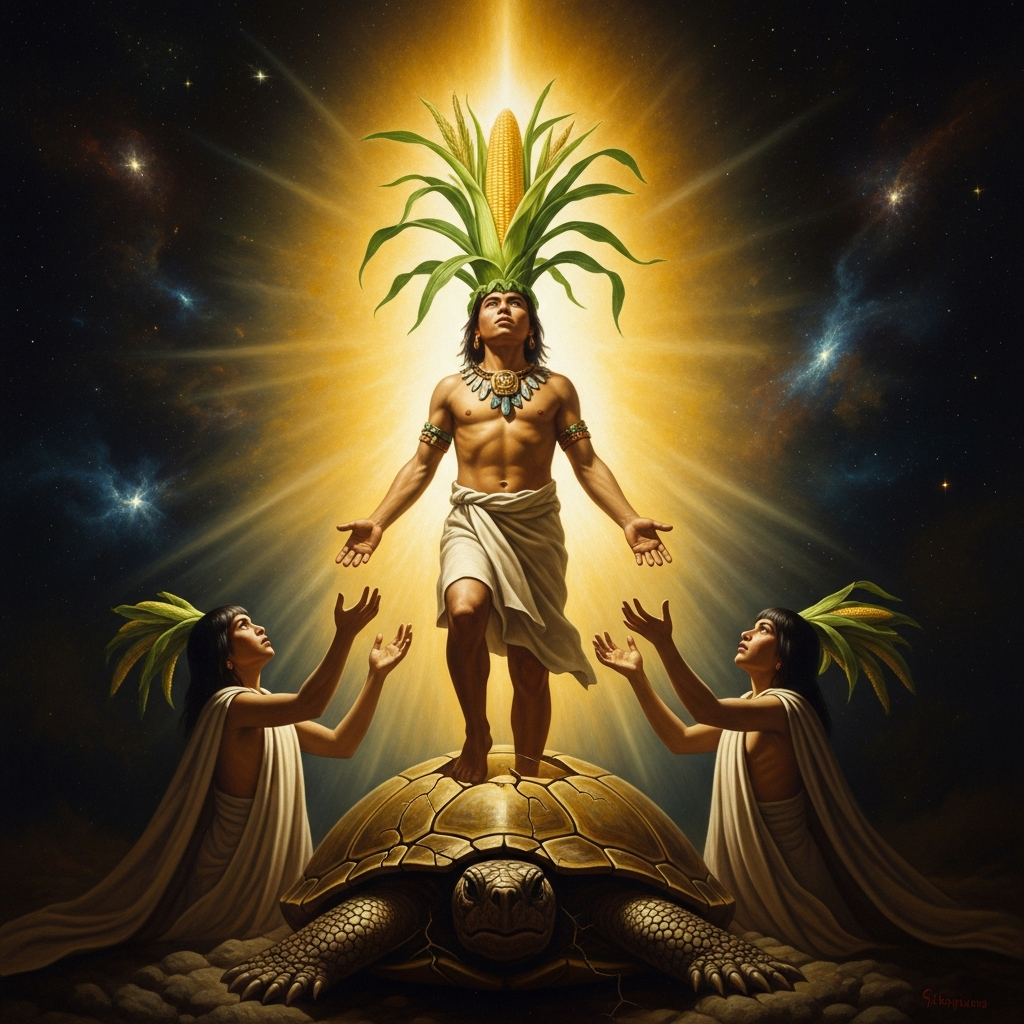The Maize God rises from the split turtle shell as a young corn plant, his sons flanking him — the resurrection moment that Maya farmers re-enacted at every planting.