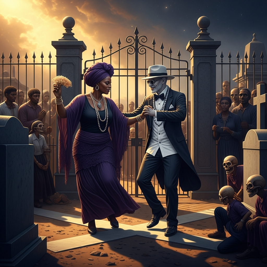 At the Fete Gede, Maman Brigitte and Baron Samedi dance together at the cemetery crossroads — she in black and purple, he in black and white, the two death-lwa in the dance that is also a joke about death. The Gede crowd the margins. The living watch through the iron gate.