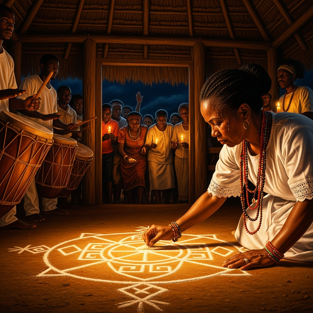 The mambo draws the veve in cornmeal at midnight; the drums begin and the assembly enters the peristil.