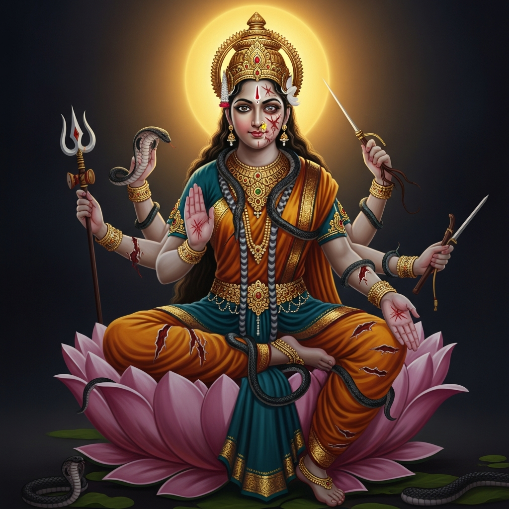 Manasa sits on a lotus throne wound with cobras, her one eye bright and her face asymmetrical with the history of her own violent becoming. She is not beautiful in the way goddesses are usually beautiful. She is precise, like a snake is precise — no gesture that is not purposeful, no expression that is not calculation.