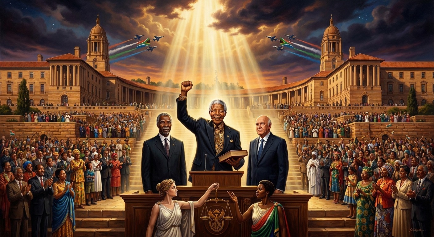 Pretoria, May 10, 1994 — Nelson Mandela inaugurated; the country has eighteen months to invent the TRC before the wounds infect.