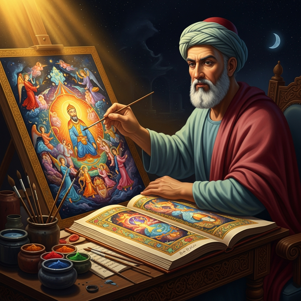 Mani paints a page of the Arzhang — the Book of Pictures — illustrating his cosmology in brilliant pigment so that the message can cross every language without a translator.