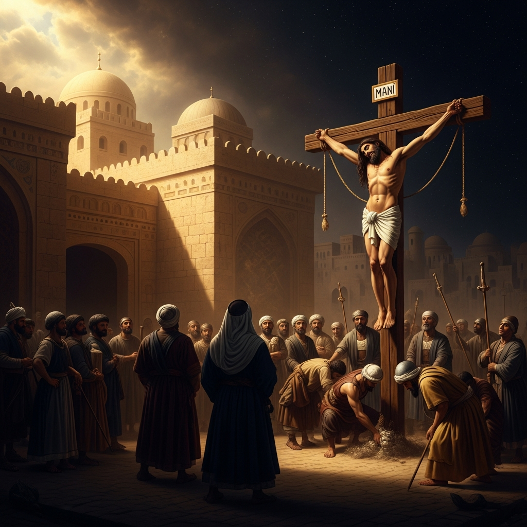 Gundeshapur, 274 CE — Mani is crucified on the order of Kartir the high priest and Bahram I. His skin is stuffed and hung above the city gate as a warning. The Manichaean tradition calls this moment the Crucifixion of the Living Self.