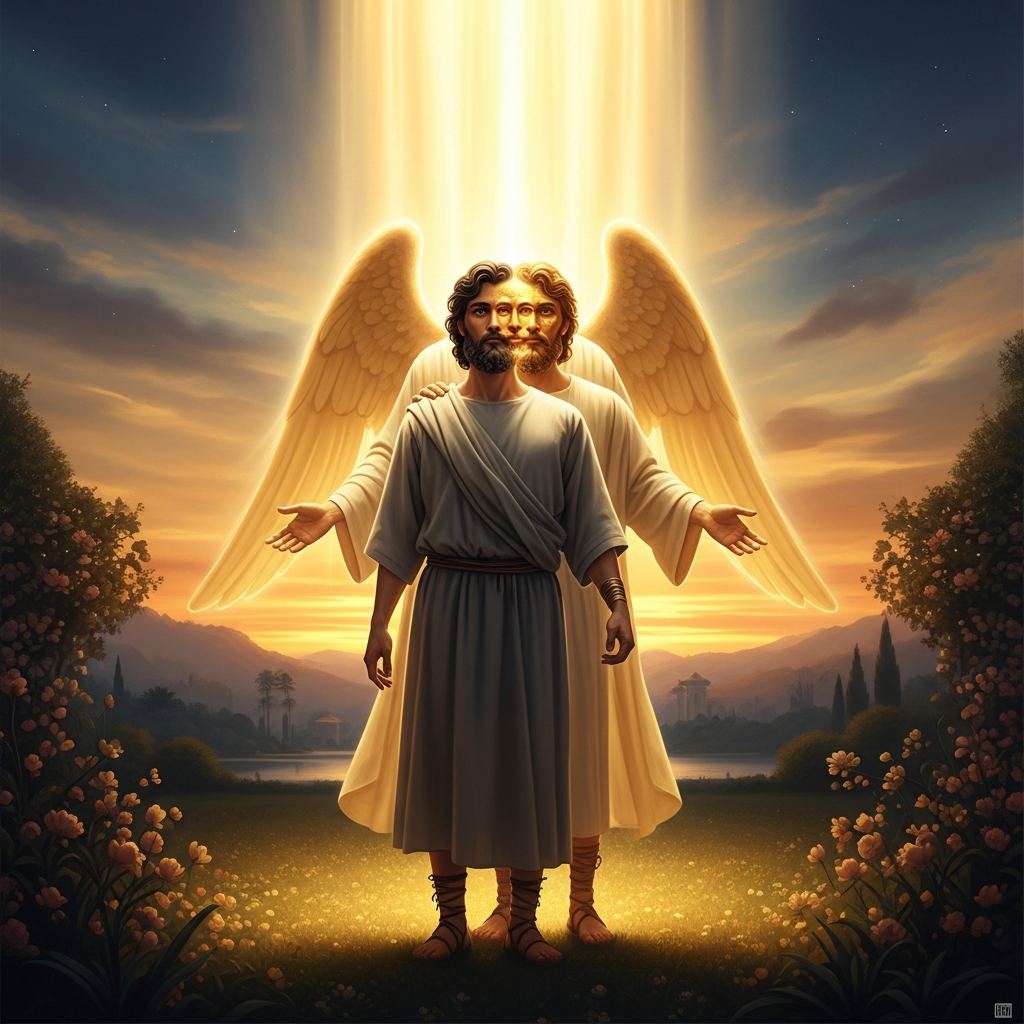 Mani at twenty-four standing in a garden near the Tigris at dusk, a figure of radiant light descending beside him — his divine twin, the Angel al-Tawm — both of them the same face, one made of flesh, one made of gold.