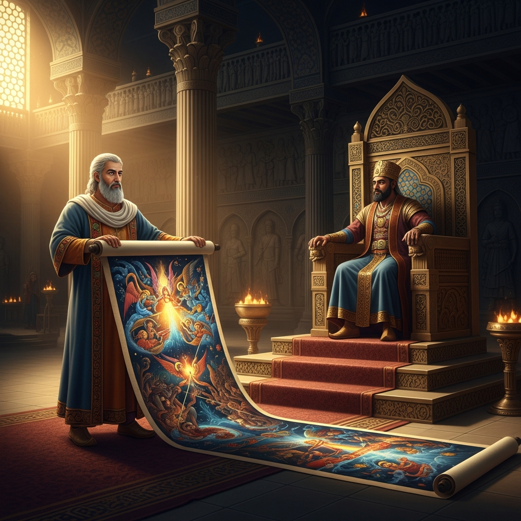 Mani in the court of the Sassanid emperor Shapur I, unrolling a long painted scroll before the throne — the great cosmic battle between Light and Darkness illustrated in the luminous style that will define Manichaean art for centuries.