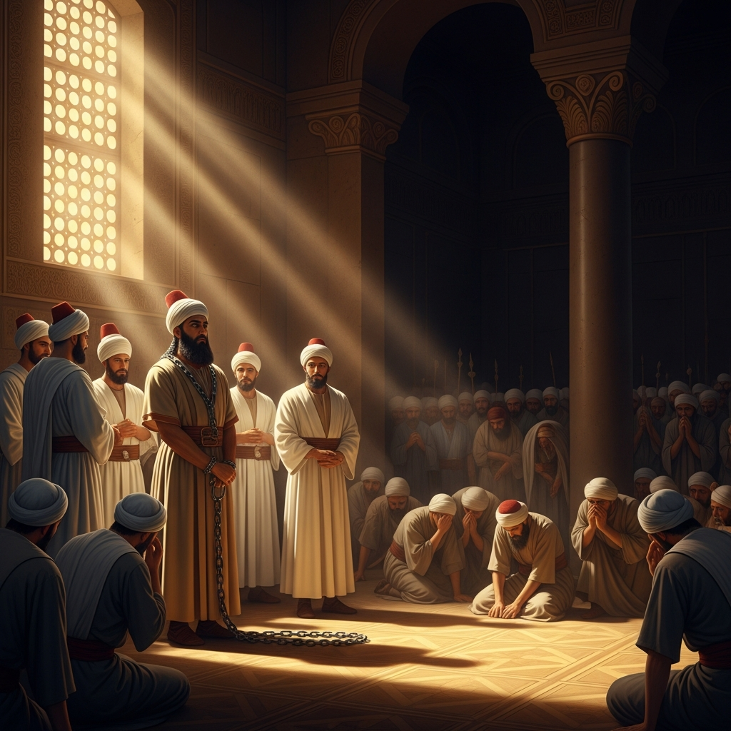 Mani in chains in the court of Bahram I, face gaunt but composed, light streaming through a high window, surrounded by Zoroastrian priests in white who are his accusers and a crowd of his followers pressed against the walls weeping.