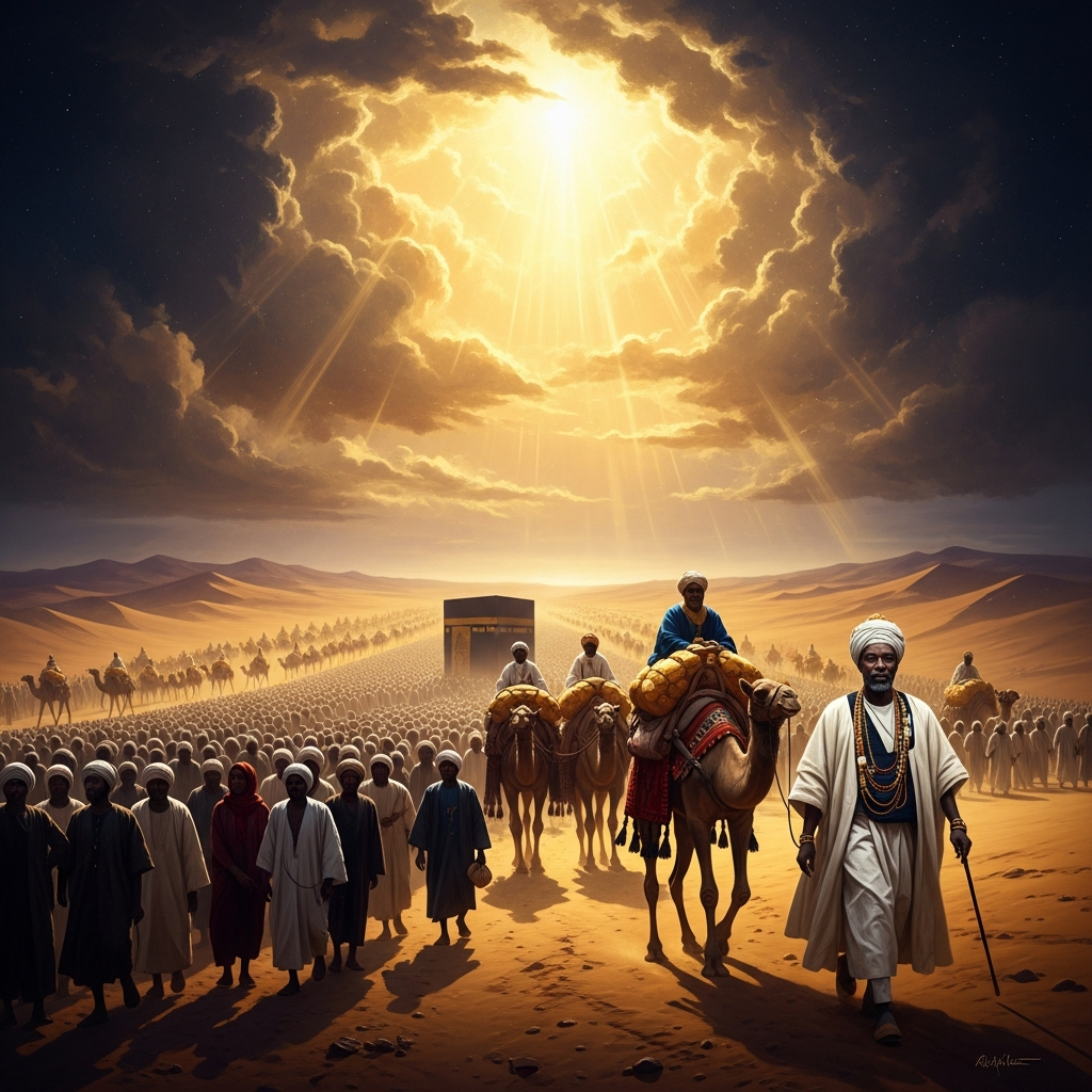 Spring 1324. The caravan crosses the Sahara: sixty thousand pilgrims, twelve thousand personal slaves of the king (each in Persian silk), eighty camels carrying three hundred pounds of gold dust each, five hundred servants walking ahead with golden staffs, and the mansa himself riding under an umbrella of cloth-of-gold.