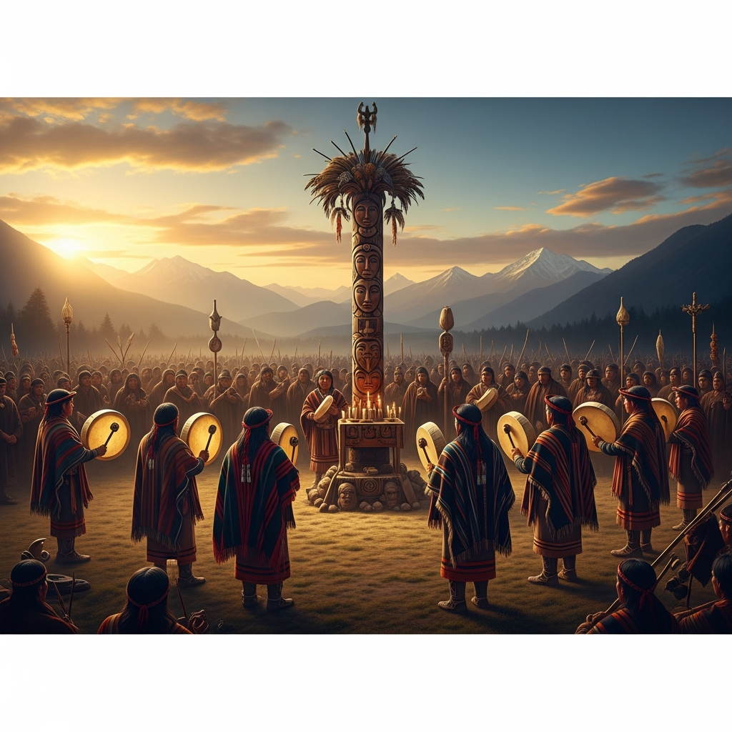 A Mapuche ngillatun ceremony in the Araucania region of Chile — the community gathered in an open field at dawn, the rewe altar pole at center carved with faces, machi shamans in traditional dress chanting and shaking their kultrun drums, the Andes visible on the horizon, the ceremony renewing the covenant with Treng Treng.