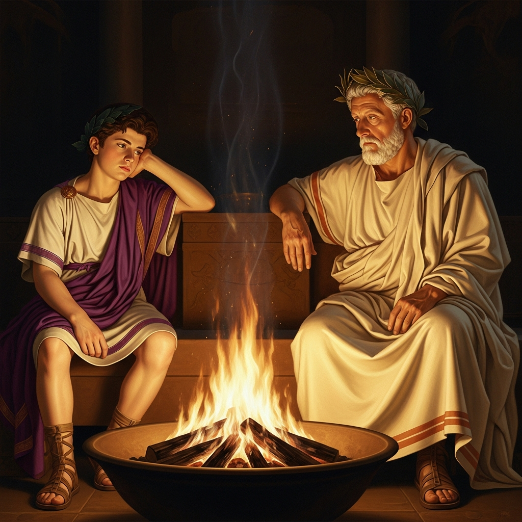 Commodus at fifteen sits across the fire from his father — handsome, bored, utterly indifferent to philosophy. Marcus looks at his son and sees the empire undone.