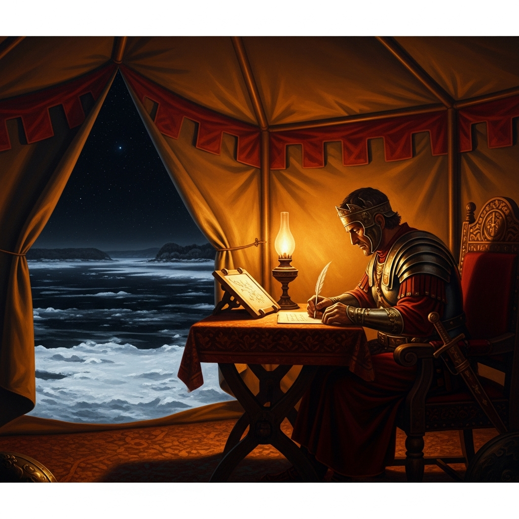 The emperor alone at a field desk in his tent, lamplight on the wax tablet, the Danube black and frozen beyond the canvas. He is writing to no one. He is writing to himself.