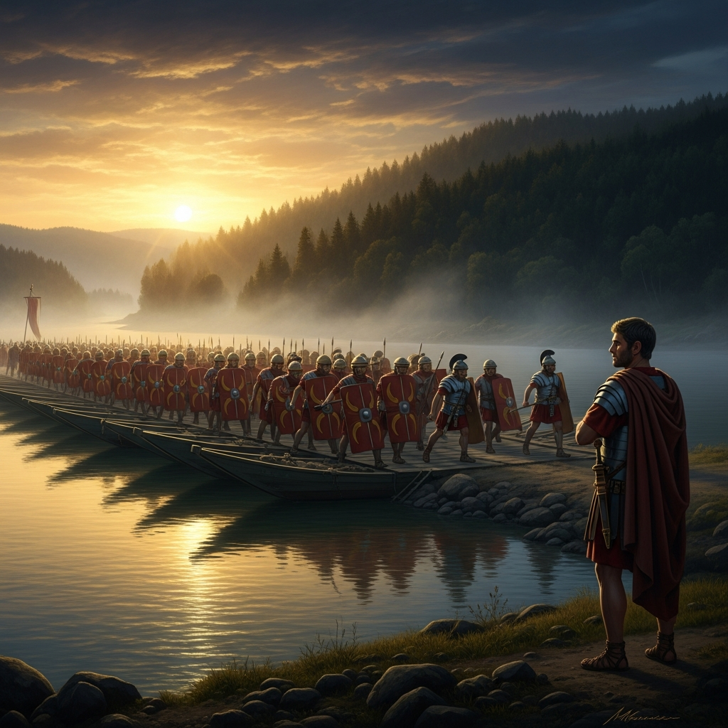 The XIV Legion crosses the Danube on a pontoon bridge at dawn, shields locked, stepping into barbarian territory. Marcus watches from the bank, arms folded inside his cloak.