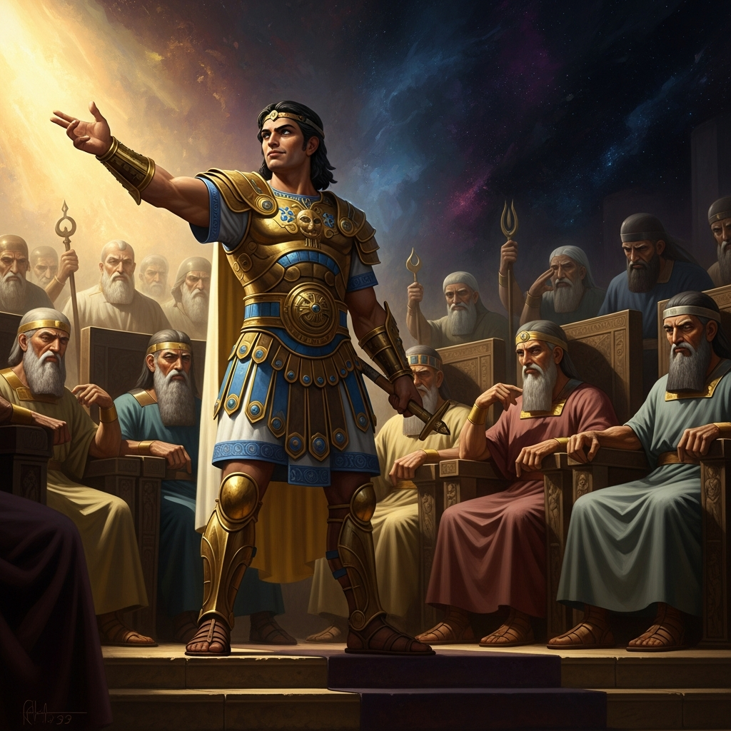 Marduk stands before the divine assembly and makes his offer: I will fight Tiamat alone if you make my word supreme. The older gods, who have already retreated twice, accept his terms without negotiation.