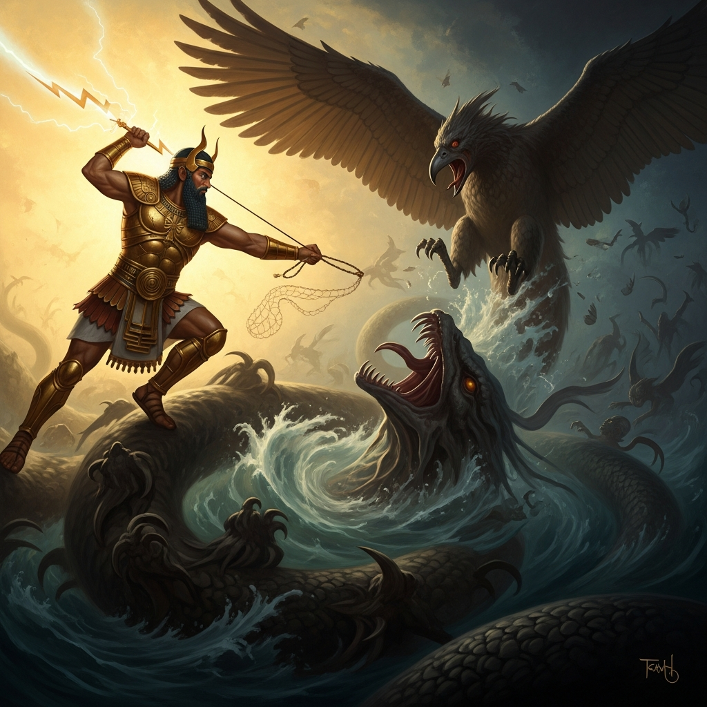 Marduk drives the evil wind into Tiamat's open mouth as she roars. She cannot close her jaws. She cannot swallow. He holds her by the net of the four winds and drives his spear into the distended body of the primordial sea.