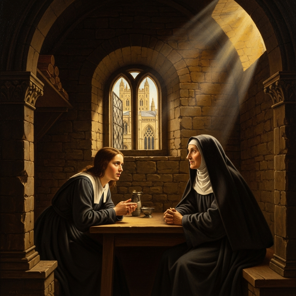 In Norwich, at the anchorhold built into the wall of St. Julian's Church, Margery speaks through the small window to Julian — old, calm, certain — who tells her: *I trust your tears come from the Holy Ghost. Believe nothing that turns you away from love.*