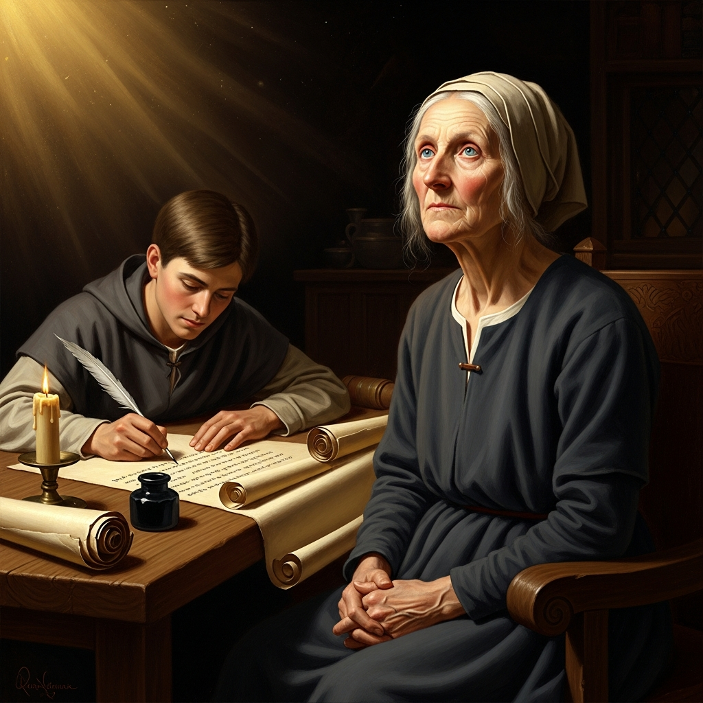 In old age, in Lynn, the priest sits with parchment and ink while Margery dictates. She cannot read or write. The book takes shape as her voice — the first autobiography in the English language.
