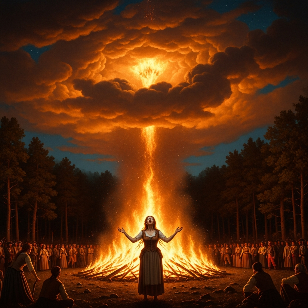 The ceremony at Bois Caïman, August 14, 1791: a clearing in the forest, hundreds of people, a fire so large it illuminates the clouds from below. A woman possessed by Marinette stands at the fire's edge, arms raised, eyes white with possession, the pig's blood still on her hands. The storm is beginning.