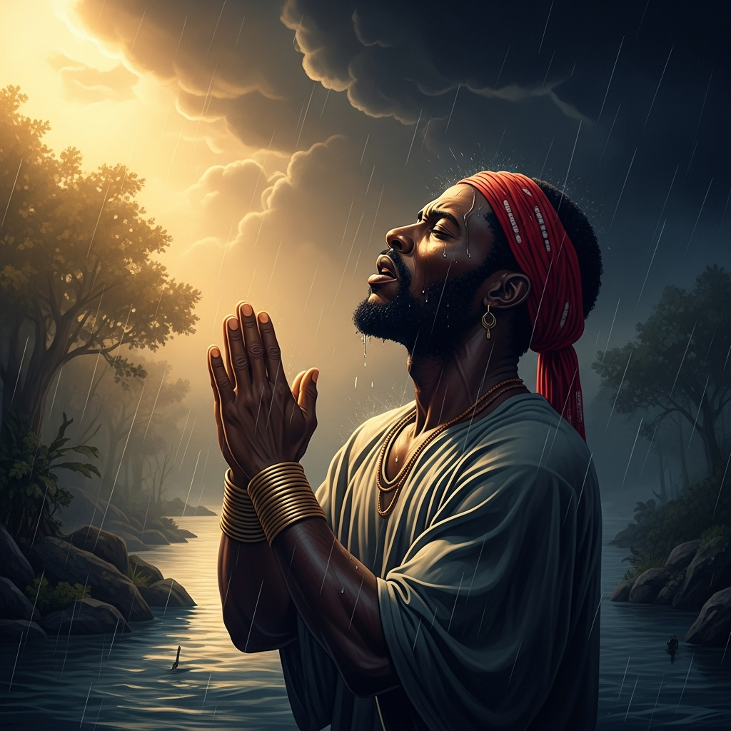 Boukman Dutty in the storm, his face upturned, the rain beginning, leading the prayer that calls on the god of the enslaved who lives in the forest and on the water — the prayer that will be remembered as the beginning.
