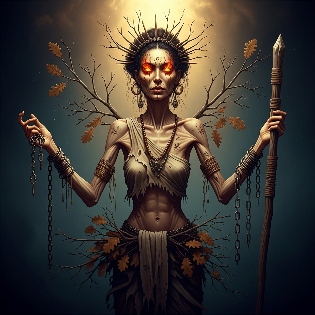 Marinette Bois-Chêche in her spiritual form: thin to the point of bones visible beneath skin, wearing rags and chains and branches of dry oak, her eyes burning with something that is not human fire. She is the lwa who has nothing left to lose, which is why she is invoked when everything else has failed.
