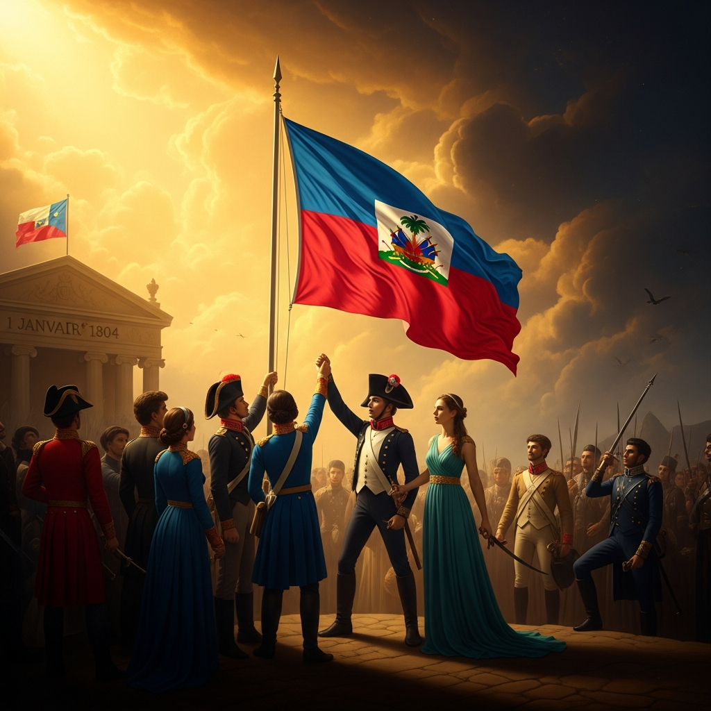 January 1, 1804: the flag raised in Gonaïves, the independence declared, the new nation named for the indigenous Taino word for the island. The Petro lwa are present. Marinette is present. The fire that started at Bois Caïman has reached its first resting point.