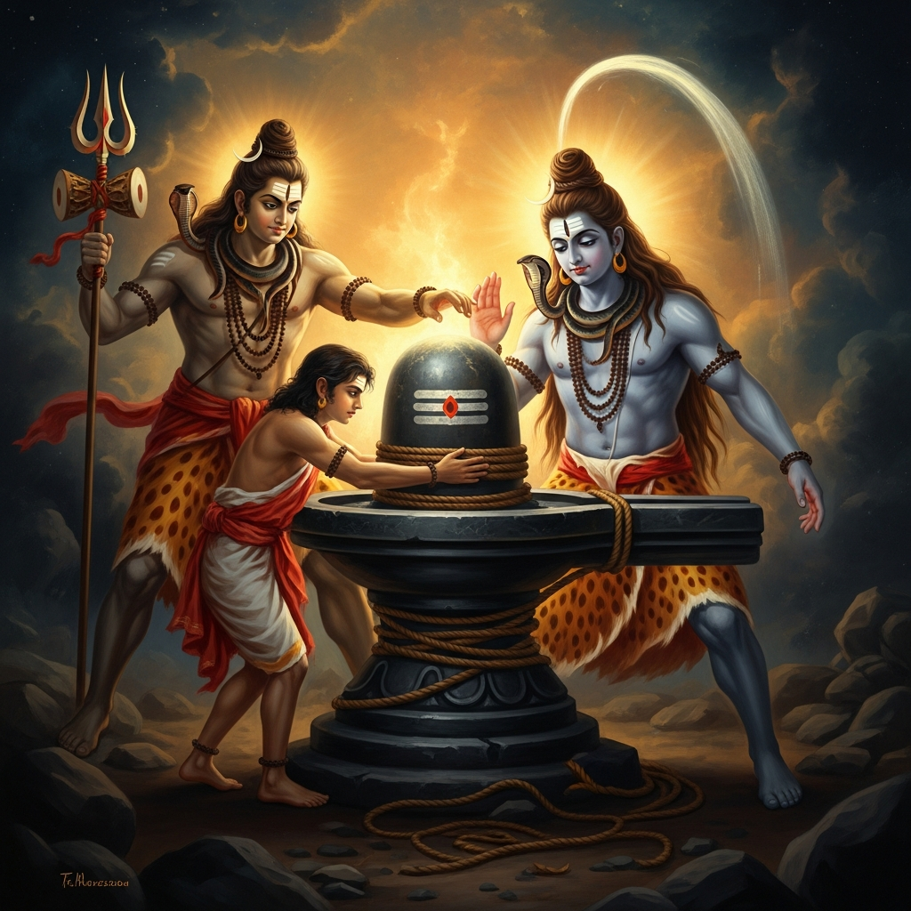 Sixteen-year-old Markandeya wraps his arms around the Shiva-linga as Yama's noose settles over both of them simultaneously — the boy and the stone and the god inside the stone fused into one inextricable devotion.