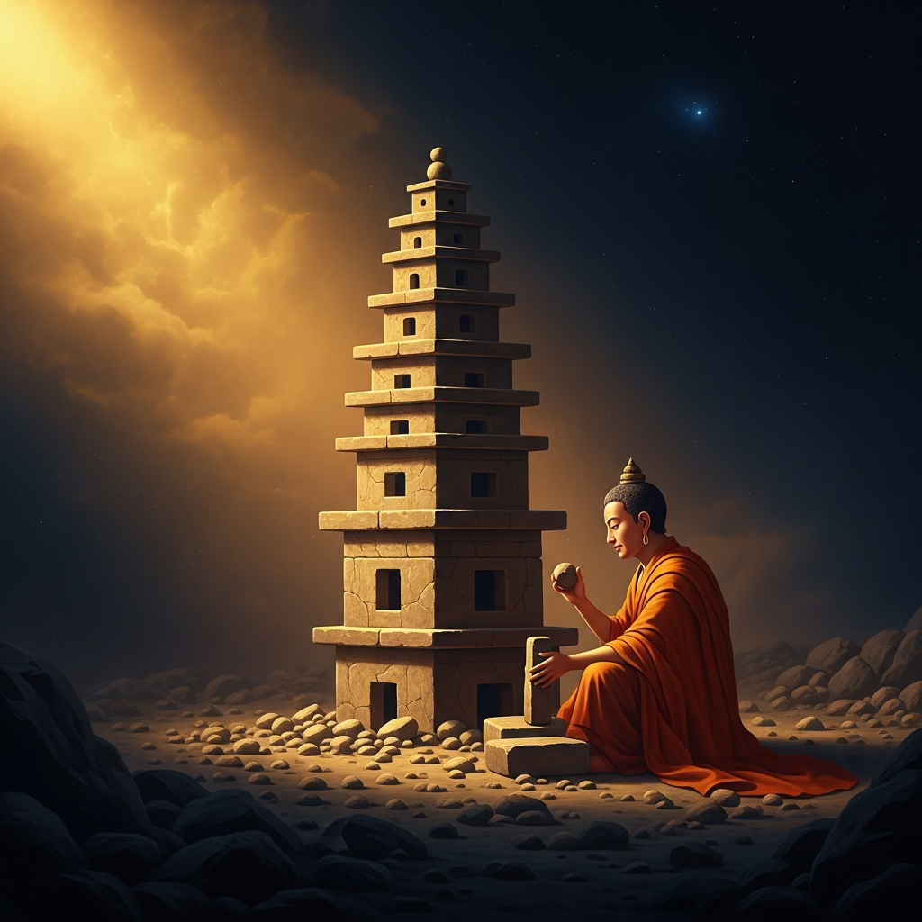 Marpa looks at the completed tower and tells him to tear it down. He offers no reason. This is the second tower. Milarepa stares at what he has built for a long moment before he lifts the first stone.